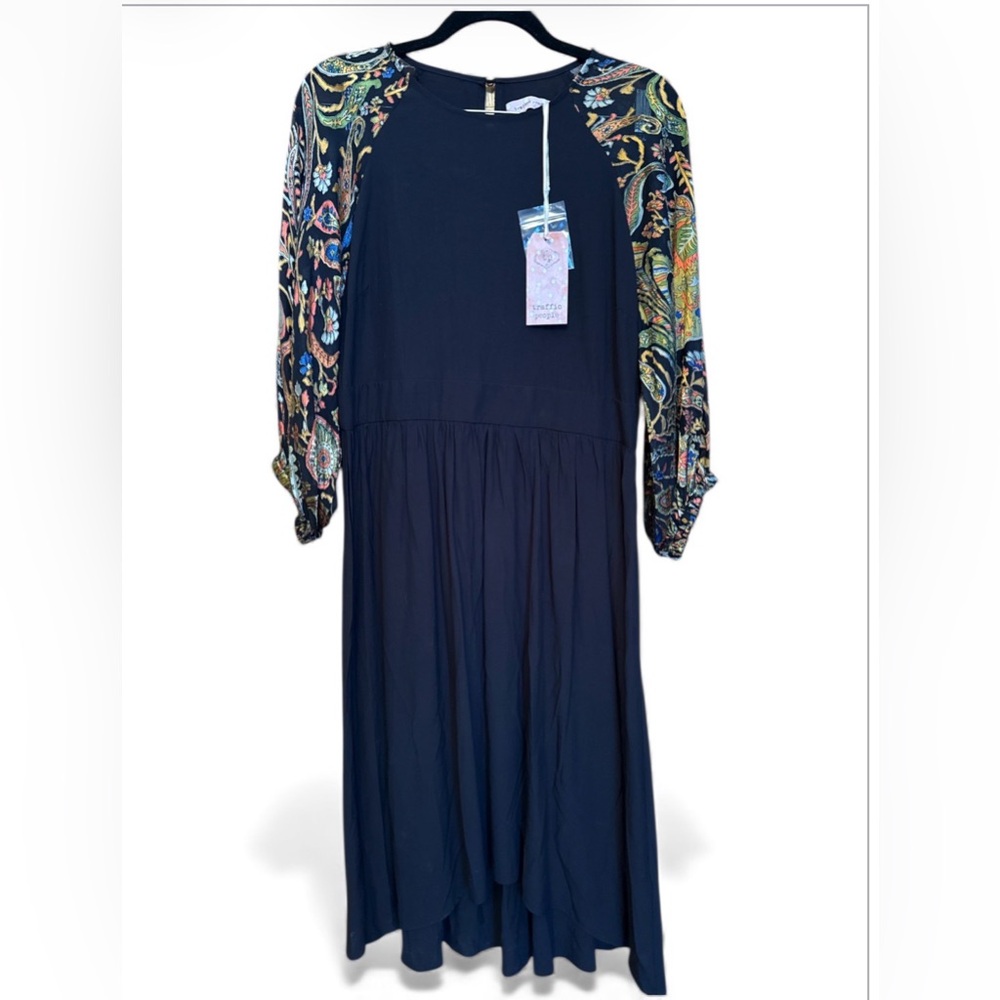 Traffic People Black Dress with sheer floral sleeves